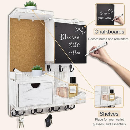 Key Holder Wall Mount， Mail Organizer Key Holder for Wall with Shelf, Drawer, Chalkboard, Corkboard, Home Decor Wall Mounted for Room Entryway(Whitewashed)