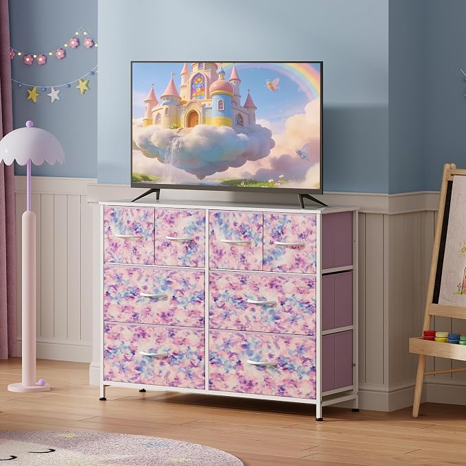 WLIVE Dresser for Bedroom with 8 Drawers, Wide Fabric Dresser for Storage and Organization, Bedroom Dressers, Chest of Drawers for Living Room, Closet, Hallway, Tie-dye Print (Pink, Purple, Blue)