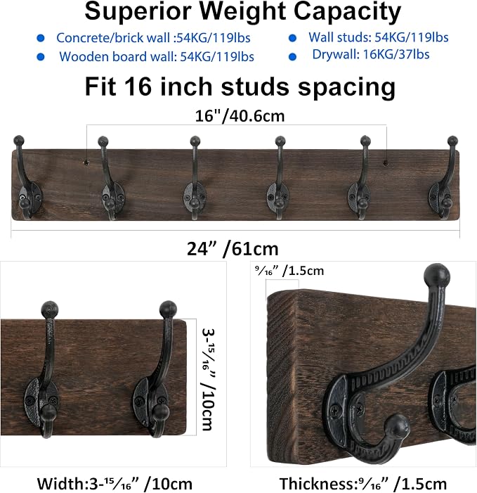 WEBI Rustic Coat Rack Wall Mount,24" Long 6 Cast Iron Coat Hooks Wall Mounted,Heavy Duty Wood Wall Coat Hanger Hooks for Hanging Coats,Jacket,Clothes,Backpack,Farmhouse,Weathered Brown,2 Packs