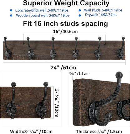 WEBI Rustic Coat Rack Wall Mount,24" Long 6 Cast Iron Coat Hooks Wall Mounted,Heavy Duty Wood Wall Coat Hanger Hooks for Hanging Coats,Jacket,Clothes,Backpack,Farmhouse,Weathered Brown,2 Packs