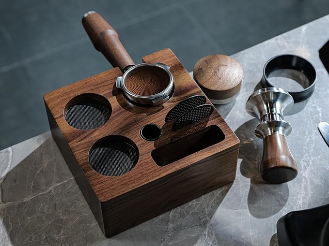 58mm Tamper Station Walnut Portafilter Holder Compact Espresso Organizer with Multi Accessory Storage Espresso Machine Accessories for Coffee Bar