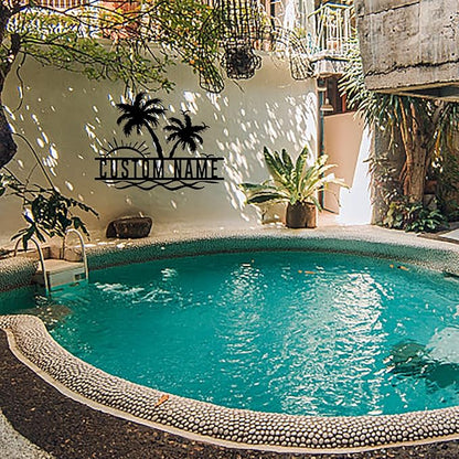 Personalized Backyard Pool Metal Sign Custom Sunshine Palm Tree Beach House Metal Wall Art Personalized Ocean Waves Pool Patio Decoration Birthday Family Pool Home décor Tree House Sign