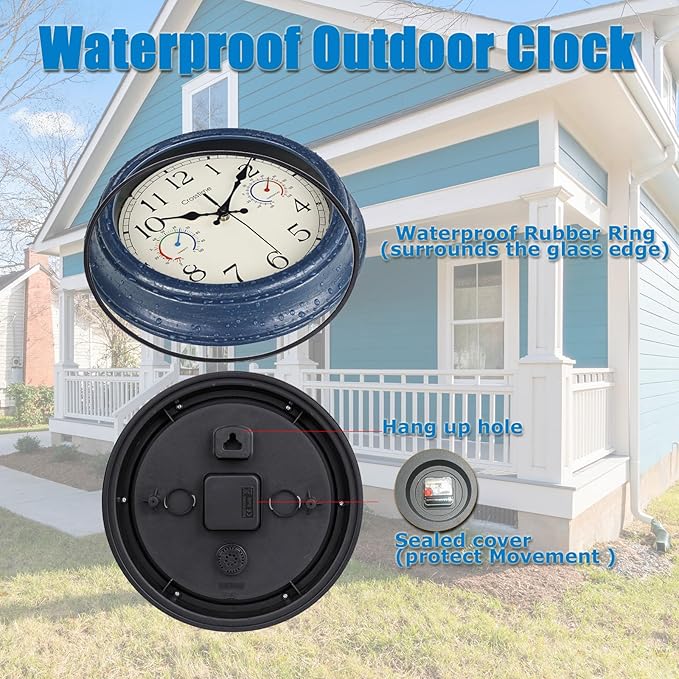 Outdoor Clock with Thermometer & Hygrometer Combo - Waterproof Vintage Coastal Decor Wall Clock for Patio, Pool, Garden, Backyard, Bathroom - 12 Inch, Blue