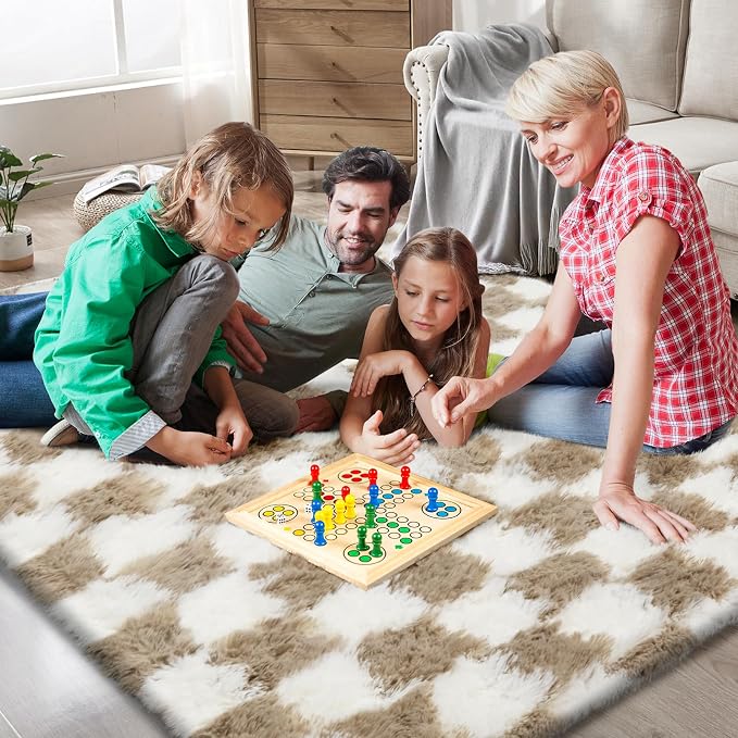 Checkered Area Rugs for Living Room 6x9, Fluffy Beige and White Checkered Rug Fuzzy Shag Shaggy Carpets for Bedroom, Soft Plush Furry Rug for Teen Room Dorm Home Decor