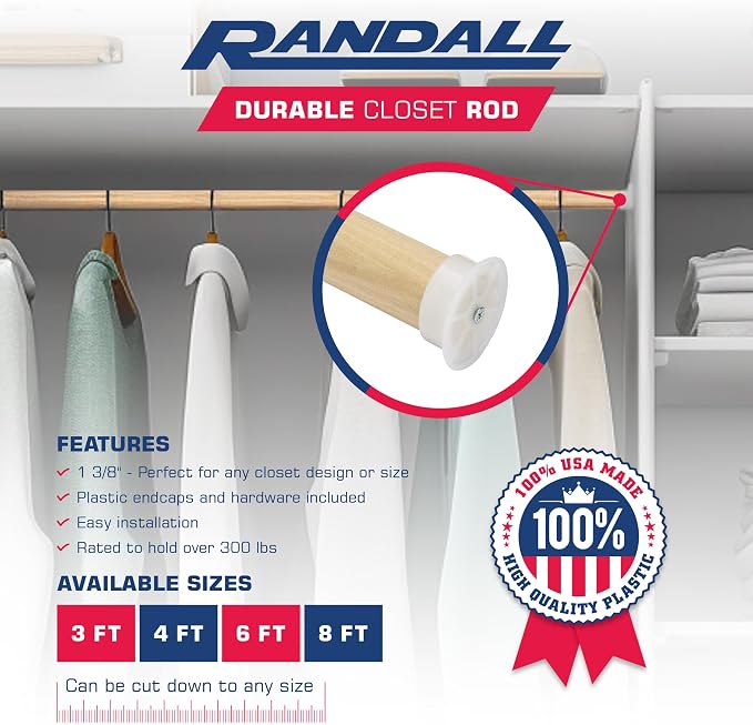 Closet Rod for Hanging Clothes, 6 FT Wood Closet Pole, 1-3/8" Thick Heavy Duty Closet Rod with Plastic Brackets & Screws, Natural Clothes Hanging Rod for Closet Organization, Made in USA