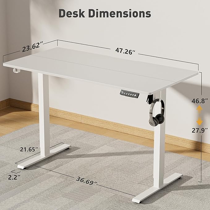 48 x 24 Inch Electric Standing Desk Adjustable Height, Sit Stand Desk with Wheels, Stand up Desk for Home Office, Computer Workstation (Spliced Desktop,White)
