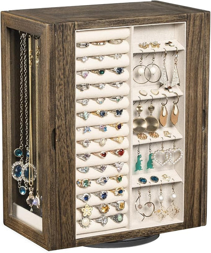 Emfogo 360° Rotating Jewelry Box for Women, Rustic Wooden Jewelry Organizer Box with 5 Drawers, Glass Doors, Vertical Open Design Jewelry Storage Case Display for Earrings Rings Necklaces Bracelets