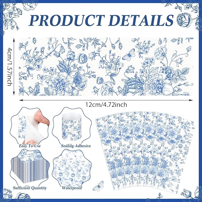 300 Pcs Wedding Paper Napkin Rings Disposable Napkin Bands Self Adhesive Blue White Flower Silverware Wrap Band for Wedding Birthday Holiday Party Dinner Table Setting Decoration