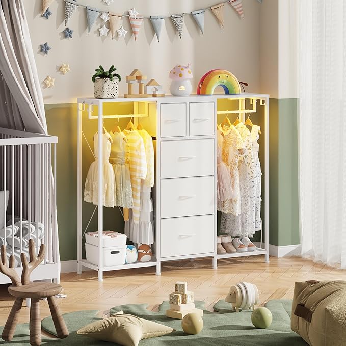49.2“W Dresser with 2 Hanging Racks, 5 Drawers Dresser with LED Lights & Charging Station, Dressers TV Stand with Clothes Rack, Shoe Racks and Side Hooks, Chest of Drawers for Bedroom, White