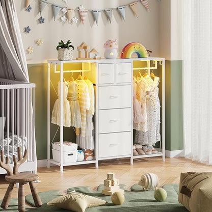 49.2“W Dresser with 2 Hanging Racks, 5 Drawers Dresser with LED Lights & Charging Station, Dressers TV Stand with Clothes Rack, Shoe Racks and Side Hooks, Chest of Drawers for Bedroom, White