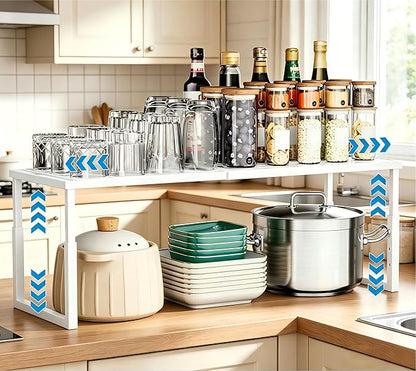 Shelf Organizer Stackable 1 Pack: Expandable (15.8"-25.5") Spice Rack Height Adjustable(6.2"/7.3"/8.5") Kitchen Organizer Countertop Metal Shelves for Pantry Storage White