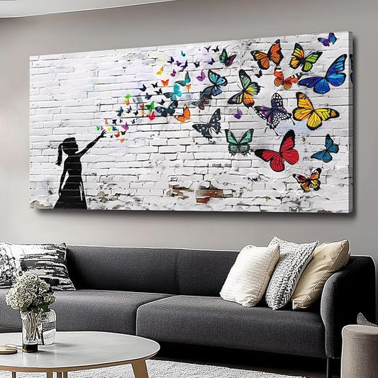 Canvas Wall Art Butterfly Girl - Modern Graffiti Paintings for Living Room, Bedroom Wall Decor, Framed Wall Art for Home or Office Decoration 20"x40"(50CMx100CM)