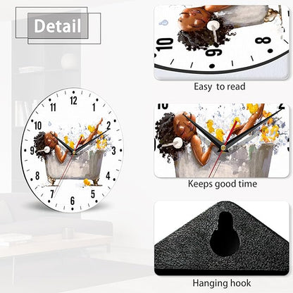 SPUNKER Wall Clocks,African Woman Bath Wall Clocks,Yellow Duck Battery Operated Wall Clock Silent Non-Ticking Decorative for Home Kitchen Bathroom Living Room Bedroom Office 10 Inch