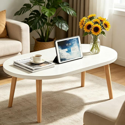 Coffee Table Low Table with Solid Wood Legs, 31.5x19.7 Large Coffee Table Side Table, Floor Table Desk for Sitting on The Floor, Living Room Furniture for Office Apartment Home, Oval White