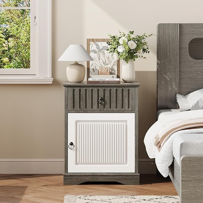 4ever2buy Farmhouse Nightstand Set of 2, 24" Tall Nightstand with Drawers, Grey Night Stand with Storage, Wood End Table Bedside Table for Bedroom Living Room, White and Grey