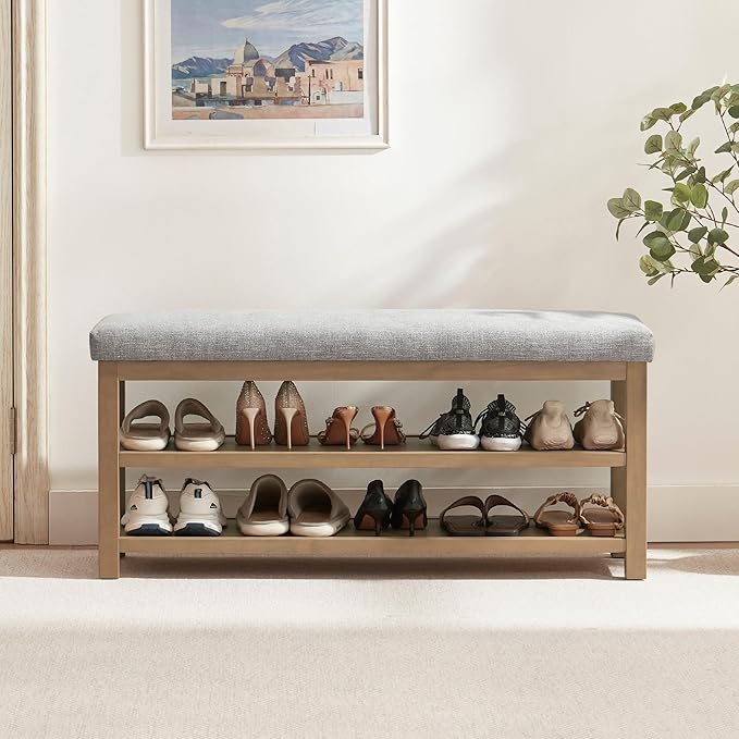 Shoe Rack Bench with Cushion, 2 Tier Solid Wood Storage Bench, Mid-Century Modern Shoe Bench for Entryway, Hallway, Closet, Front Door Entrance, Foyer (Grey, 46.5")