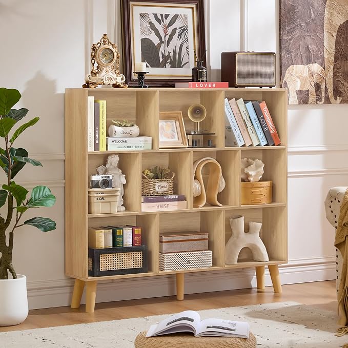 LEYAOYAO 10 Cube Bookshelf,3 Tier Modern Wide Bookcase with Legs,Mid-Century Wood Bookshelves Storage，Light Wood Large Book Case,Freestanding Organizer Display Shelf for Bedroom,Living Room,Office
