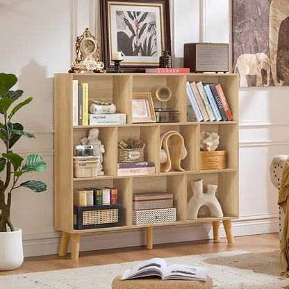 LEYAOYAO 10 Cube Bookshelf,3 Tier Modern Wide Bookcase with Legs,Mid-Century Wood Bookshelves Storage，Light Wood Large Book Case,Freestanding Organizer Display Shelf for Bedroom,Living Room,Office