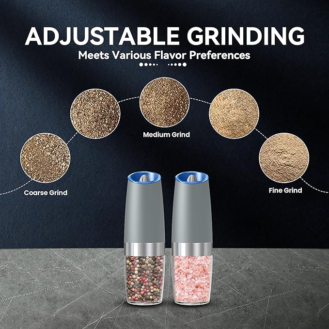 UNNEES Gravity Electric Salt and Pepper Grinder set of 2, Automatic Salt And Pepper Grinder Set, Adjustable Roughness, Battery Powered, LED Light, 2 Pack, (Light Grey)