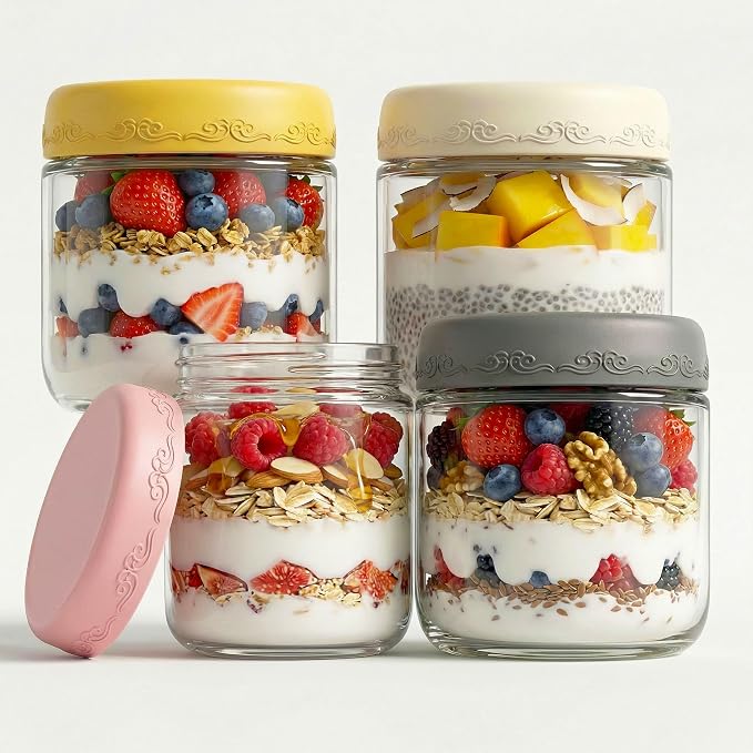 10 OZ 4Pack, Overnight Oats Jars with Lids, Glass Meal Prep Containers, Airtight Mason Jars for Breakfast, Yogurt Parfait, Salad & Smoothies, Leakproof and Reusable Food Storage Jars(4-2)