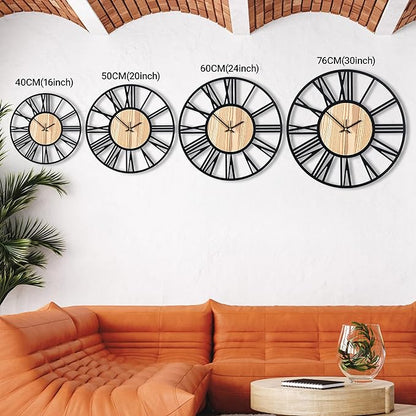 Blorple 20inch/50cm Large Wall Clocks for Living Room Decor,Bedroom,Battery Operated,Metal,Decorative,Analog,Silent,Non Ticking Big Wall Clock(Wooden Roman Numerals, 20 inches)