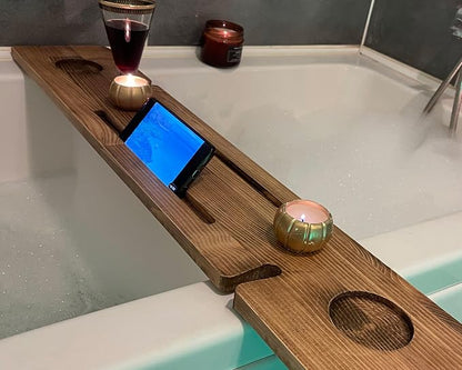 Handmade Wooden Bathtub Tray - 3 Different Size Options - Rustic Structure - Water Insulator - Bath Tray Caddy with Wine Glass Holder (36", BLACK BROWN)