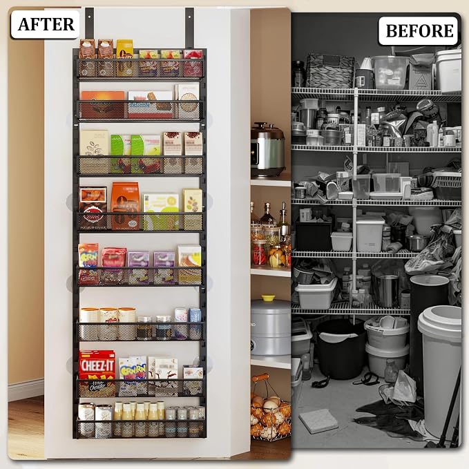 Over the Door Pantry Organizer, 8-Tier Over the Door Spice Rack with Adjustable Baskets, Wall-Mounted or Hanging Shelves for Kitchen, Laundry Room, Bathroom(Black, 15.35"W x 5.2"D x 72.6"H)