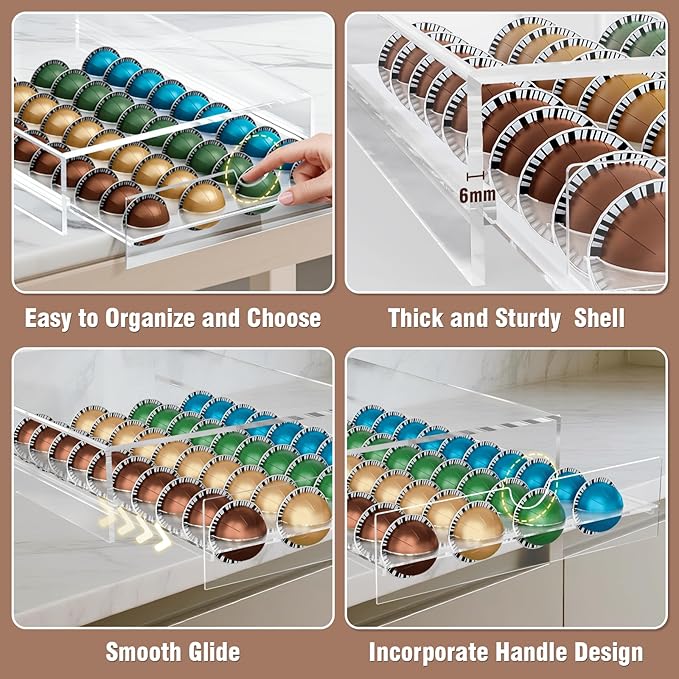Jumyee Acrylic Coffee Pod Holder Storage Drawer, Clear 40 Pods Coffee Capsule Organizer for Countertop, Pod Holder for Coffee Pod and Espresso Machines