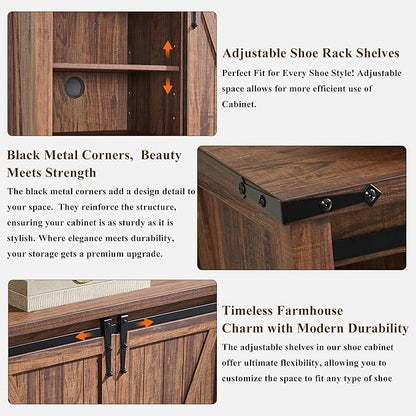 OKD Storage Cabinet with 2 Sliding Door, 7-Tier 62" Tall Farmhouse Entryway Shoe Cabinet, Freestanding Rustic Hidden Shoe Organizer for Entryway, Rustic Walnut