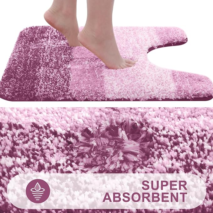 OLANLY Luxury Toilet Rugs U-Shaped 24x24, Extra Soft and Absorbent Microfiber Bathroom Rugs, Non-Slip Plush Shaggy Bath Mat, Machine Wash Dry, Contour Bathroom Mats for Toilet Base, Pinkish-Purple