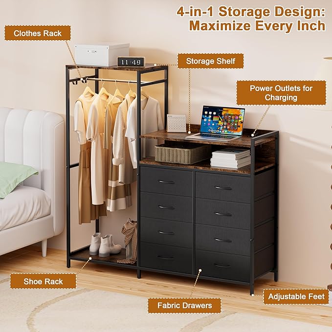 Dresser with Clothes Rack,58" H Clothing Rack with Fabric Drawers & LED Lights,Clothes Racks for Hanging Clothes,8 Drawers Dresser,Garment Rack for Bedroom with Charging Station,Grey