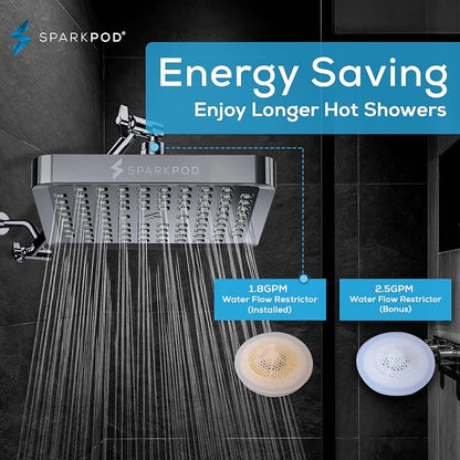 SparkPod Rain Shower Head, 6 Inch Square | High Pressure Shower Heads, 90 Nozzle (Touch-to-Clean), Adjustable Showerhead, No-tool Universal Connection