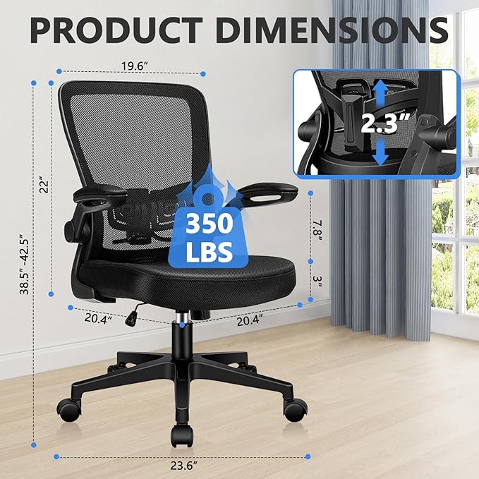 Desk Chairs with Wheels, Ergonomic Mesh Office Chair Adjustable Height and Swivel Lumbar Support Home Office Chair with Flip Up Armrests, Set of 10