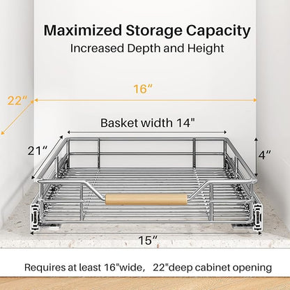 Pull out Cabinet Organizer, 15"W X 21"D, Heavy Duty Smooth Sliding Under Cabinet Shelves for Pots and Pans, Full-Extension Roll out Drawers, Slide out Organization for Home Kitchen Pantry