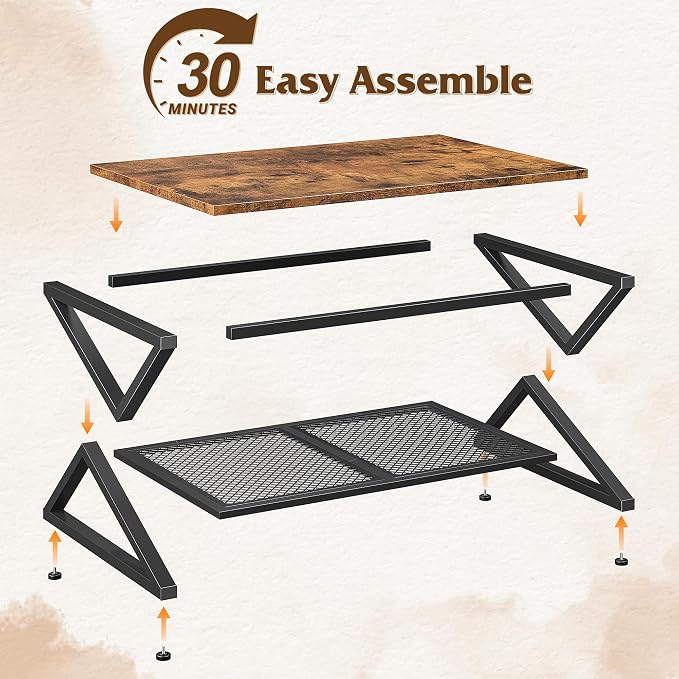 EnHomee Rustic Coffee Table with Storage, Farmhouse Coffee Table with Mesh Shelf, 2 Tier Rectangular Center Table for Living Room, Home Office, 39.4 Inch, Rustic Brown