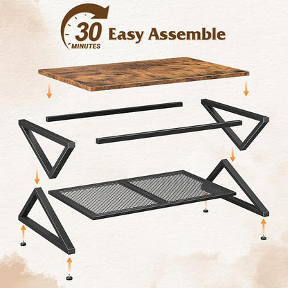 EnHomee Rustic Coffee Table with Storage, Farmhouse Coffee Table with Mesh Shelf, 2 Tier Rectangular Center Table for Living Room, Home Office, 39.4 Inch, Rustic Brown