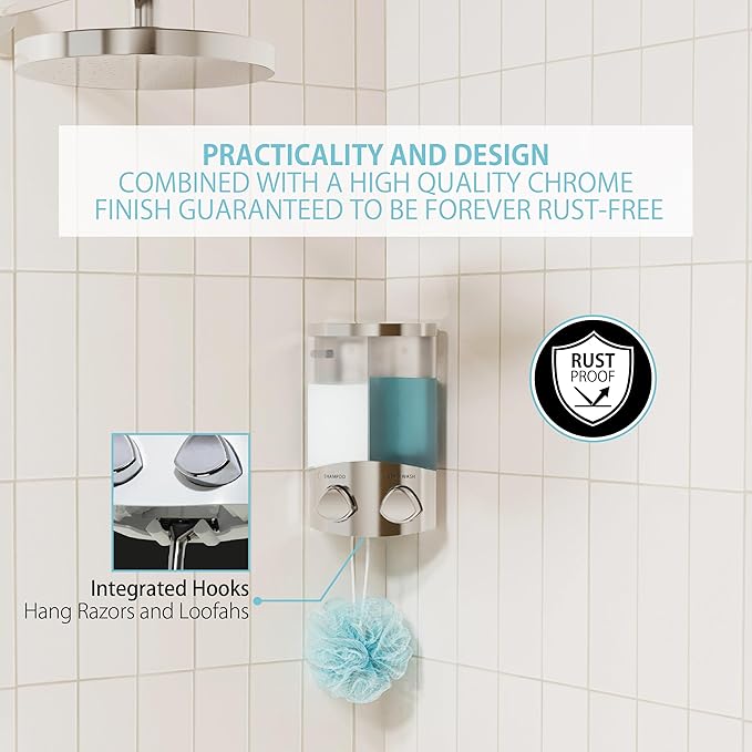 Better Living EURO Shower Dispenser Wall Mount Shower Soap Dispenser for Bathroom Hotel Body Wash, Corner or Flat Wall Shower Shampoo Dispenser, Built-in Hooks, 2 x 10.5 oz, Chrome, 2-Chamber