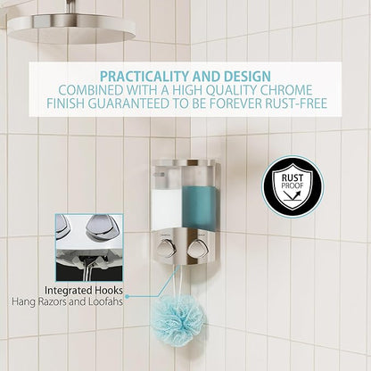 Better Living EURO Shower Dispenser Wall Mount Shower Soap Dispenser for Bathroom Hotel Body Wash, Corner or Flat Wall Shower Shampoo Dispenser, Built-in Hooks, 2 x 10.5 oz, Chrome, 2-Chamber