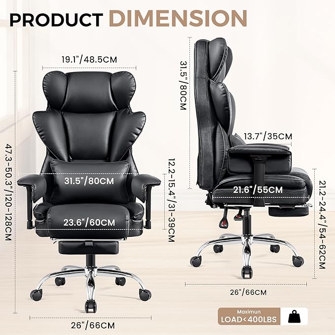 Big and Tall Office Chair - Heavy Duty 400 LBS Executive Chair with Foot Rest, High Back Ergonomic Desk Chair, Padded Wide Seat Gaming Chair, Adjustable Armrests, Black 2 Pack