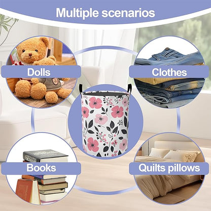 Laundry Basket, Pink Flowers Oxford Cloth Laundry Hamper With Handle Foldable Portable Clothes Storage Basket Storage Bag For Laundry Room/Bathroom/Bedroom/Dormitories