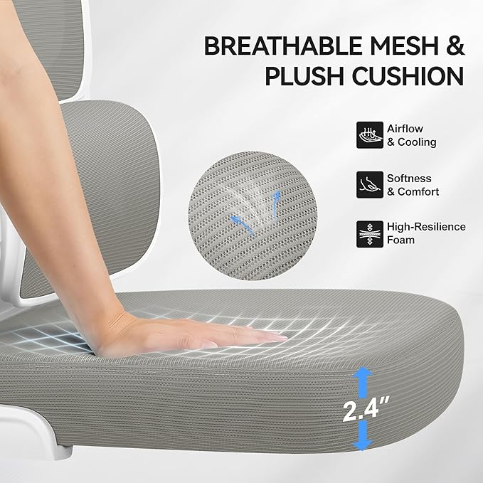 Ergonomic Office Chair, Mesh Desk Chair with Lumbar Support, High Back Home Office Chair with Adjustable Headrest and Flip-Up Arms, Comfortable Computer Chair, Thick Cushion, 300 LBS, LightGray