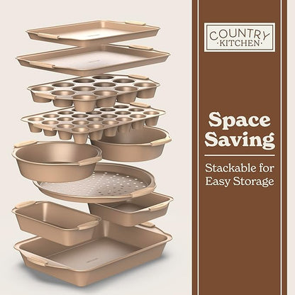 Country Kitchen Nonstick Stackable Bakeware Set - Heavy Duty, Durable, Easy Release Baking Set, Gold, 10 Pcs