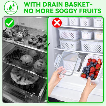 Fresh Produce Storage Containers for Fridge, 3 Pack Fruit Vegetable Keeper with Drain Basket & Airtight Lid, BPA Free Fridge Organizer Bins for Berries, Salad, Meal Prep, 28oz 60oz 111oz
