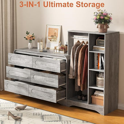 Dresser with Clothes Hanging Rack, Pre-Installed Slides for Fast Installation, 3-in-1 Wardrobe Closet with Drawers and Shoe Shelves, Modern Wood Storage Armoire for Bedroom, Grey
