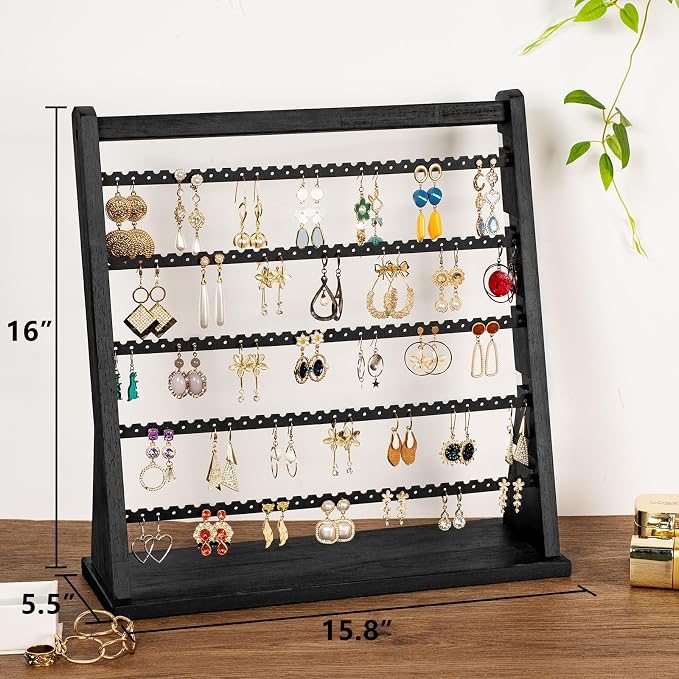 Poyilooo Earring Holder Organizer, Rustic Wood Earring Holder Stand, 5 Layer Jewelry Holder Organizer with 270 Earring Tree Holes Display Rack for Stud Earings & Hoop Earrings, Gifts for Women