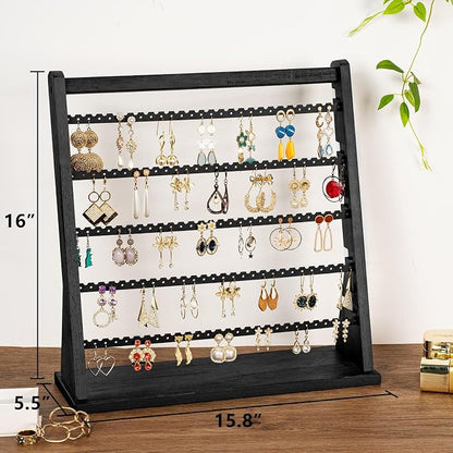 Poyilooo Earring Holder Organizer, Rustic Wood Earring Holder Stand, 5 Layer Jewelry Holder Organizer with 270 Earring Tree Holes Display Rack for Stud Earings & Hoop Earrings, Gifts for Women