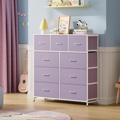WLIVE 9 Drawer Dresser, Fabric Storage Tower for Bedroom, Hallway, Closet, Tall Chest Organizer Unit for Bedroom with Fabric Bins, Steel Frame, Wood Top, Easy Pull Handle, Purple