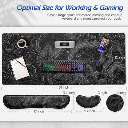 Gimars 4 in 1 Mouse Pad and Keyboard Wrist Rest Set, Large Mouse Pad with Memory Foam Wrist Support Pad for Desk with Coaster, Easy Typing Pain Relief, Gaming Office Home 31.5x12 in, Topographic Map