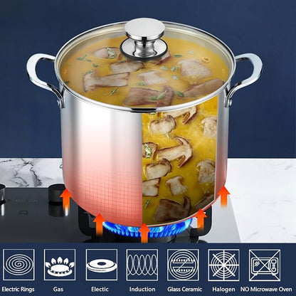 P&P CHEF 12 Quart Stainless Steel Stock Pot with Lid, Large Stockpot for Cooking Pasta Soup, Cookware for Induction Gas Electric Stoves, Visible Lid & Measuring Markings, Dishwasher Safe