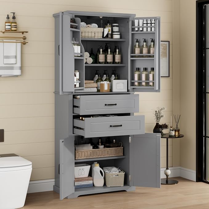 Storage Cabinet,Tall Freestanding Cabinet with Adjustable Shelf | Tall storage cabinet, 4-door design, 5+ shelves, upper door shelves, and 2 pull-out compartments for organized storage